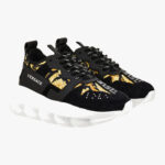 Sneaker In Suede-Barocco Print Fabric - Black-Gold