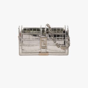 Greca Goddess Wallet On Chain In Embossed Croc Laminated Calf Leather - Grey