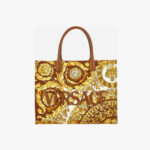 Tote In Fabric+Calf Leather - Dark Brownspice Browneggshell-Versace Gold