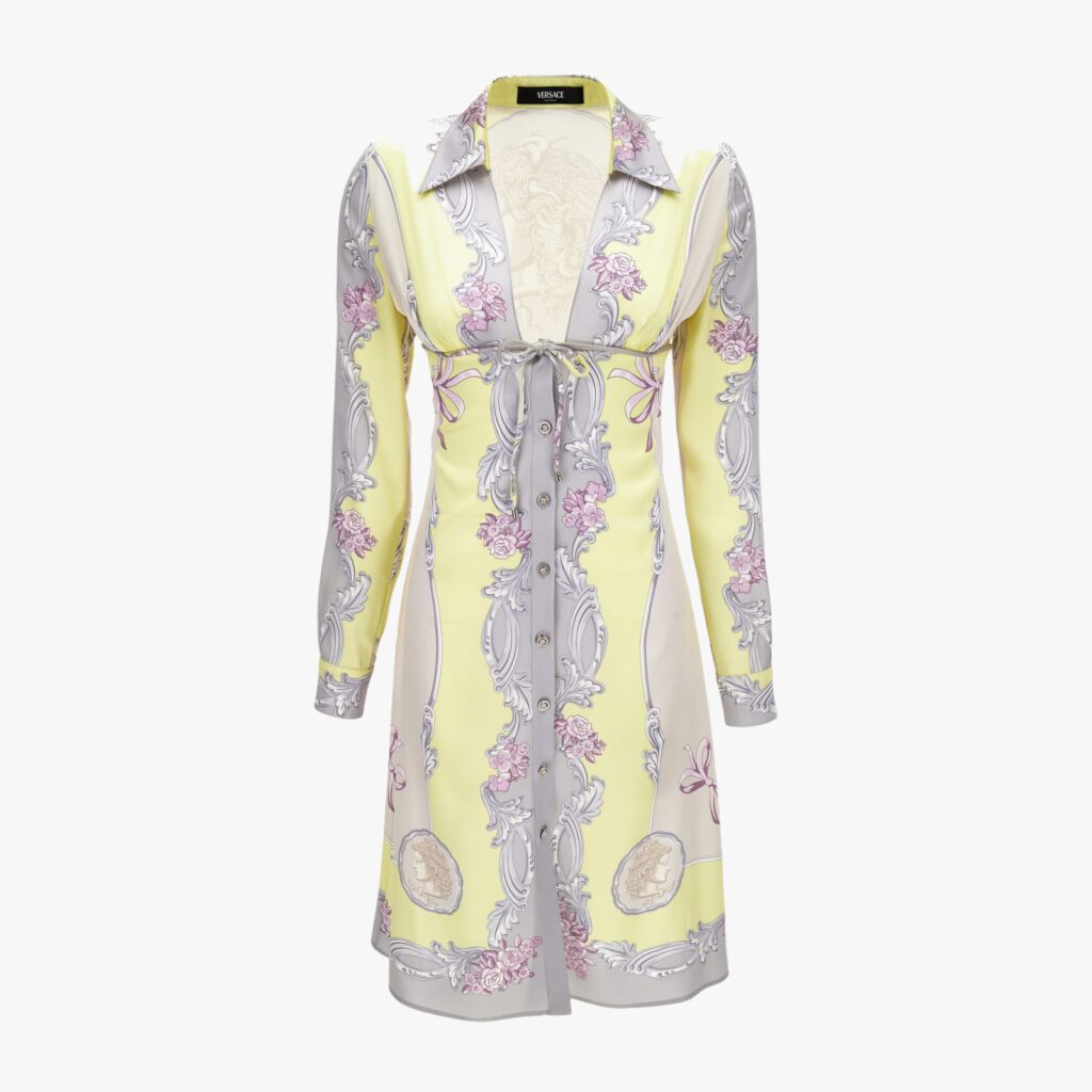 Dress In Silk Crepe Satin Print Cameo Foulard Pn 180 - Pale Yellow-Light Grey
