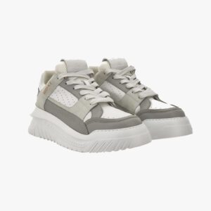 Sneaker In Calf Leather-Fabric - White-Light Pearl Grey