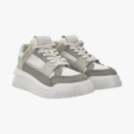 Sneaker In Calf Leather-Fabric - White-Light Pearl Grey