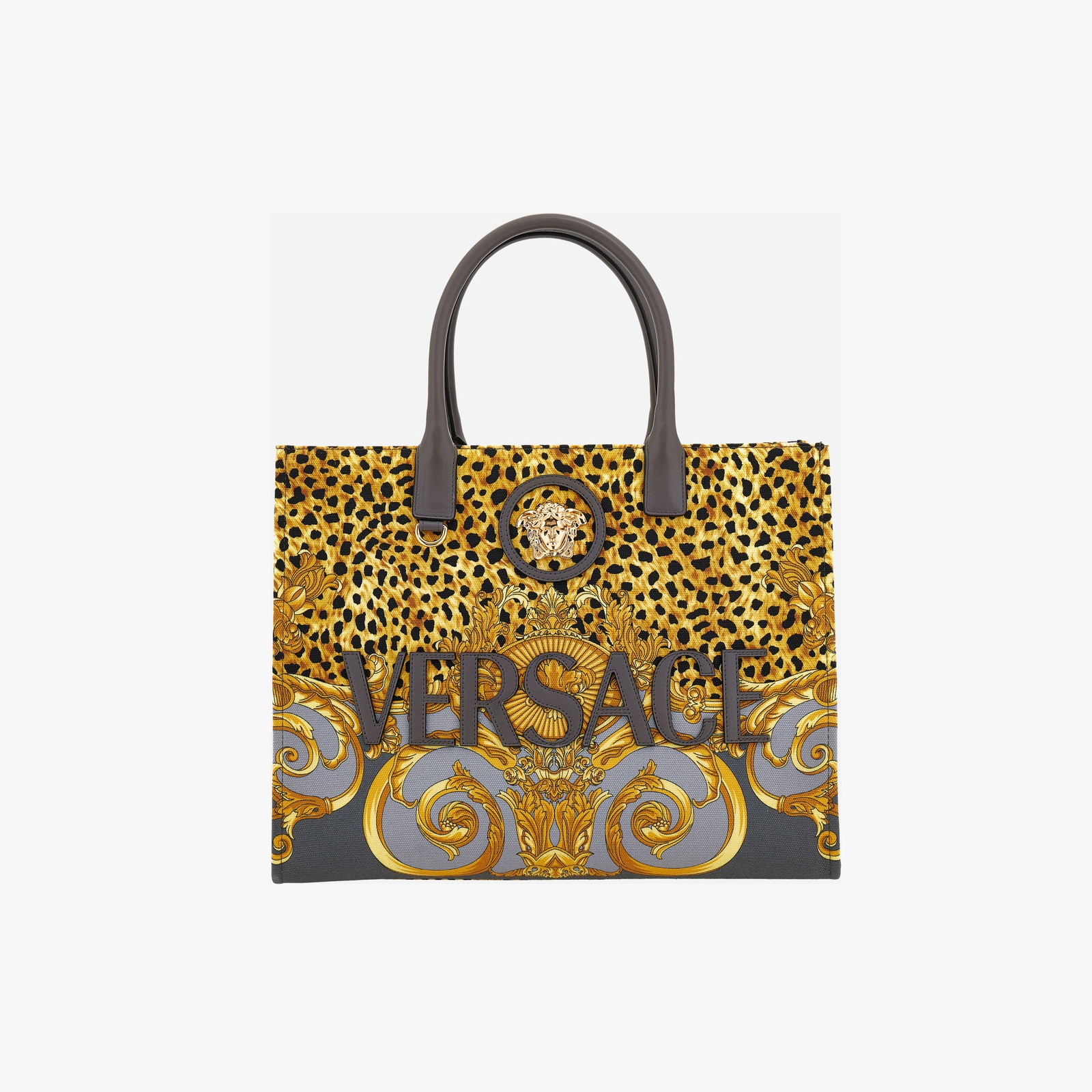 Tote In Fabric+Calf Leather - Elephant Greymulticolor-Versace Gold Tote In Fabric+Calf Leather - Elephant Greymulticolor-Versace Gold