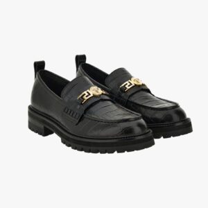 Loafer In Embossed Croc Calf Leather - Black-Versace Gold
