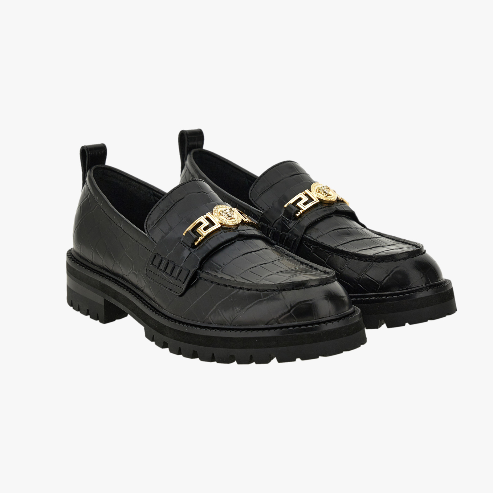 Loafer In Embossed Croc Calf Leather - Black-Versace Gold Loafer In Embossed Croc Calf Leather - Black-Versace Gold