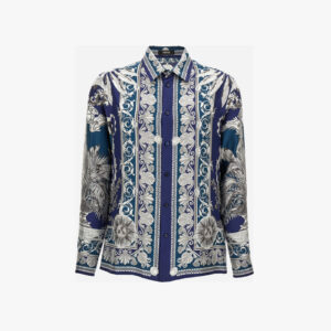 Informal Shirt In Barocco Palm Print Silk Fabric - Grey