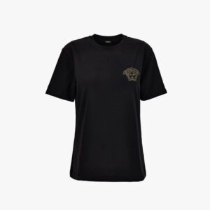 T-Shirt In Cotton Jersey Fabric With Medusa Hotfix Embroidery - Black-Gold