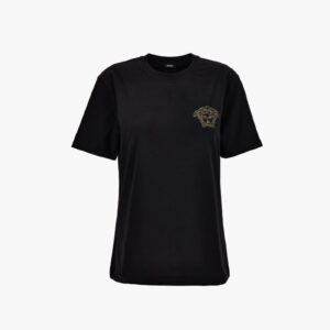 T-Shirt In Cotton Jersey Fabric With Medusa Hotfix Embroidery - Black-Gold