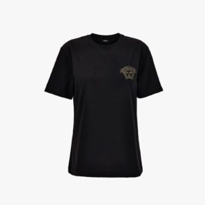 T-Shirt In Cotton Jersey Fabric With Medusa Hotfix Embroidery - Grey