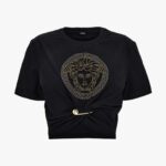 T-Shirt In Organic Stretch Cotton Jersey-Medusa Embroidery - Black-Gold