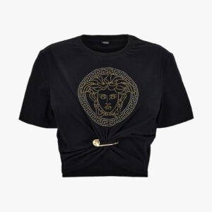 T-Shirt In Organic Stretch Cotton Jersey-Medusa Embroidery - Black-Gold