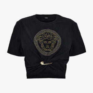 T-Shirt In Organic Stretch Cotton Jersey-Medusa Embroidery - Black-Gold