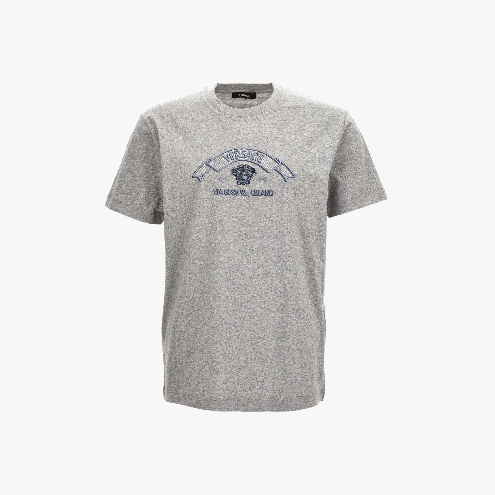 T-Shirt In Jersey Fabric-Versace Via Gesu' Embroidery - Grey Melange-Grey T-Shirt In Jersey Fabric-Versace Via Gesu' Embroidery - Grey Melange-Grey