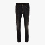 Pant Denim In Black Stretch Denim-Stone Wash-Rips And Mustaches-Medusa Embroidery - Anthracite-Tobacco