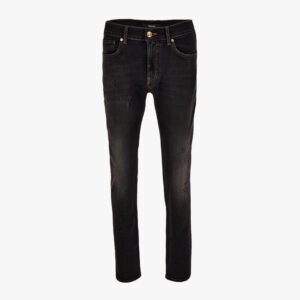 Pant Denim In Dark Blue Stretch Denim Fabric-Soft Wash-Versace Embroidery - Blue