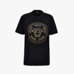 T-Shirt In Cotton Jersey-Medusa Versace Greca Thread Embroidery - Black-Gold