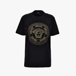 T-Shirt In Cotton Jersey-Medusa Versace Greca Thread Embroidery - Black-Gold