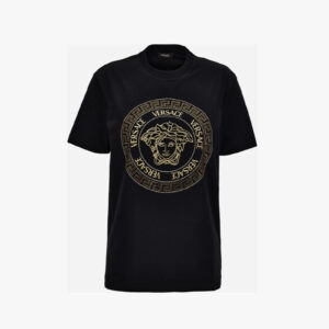T-Shirt In Cotton Jersey-Medusa Versace Greca Thread Embroidery - Black-Gold
