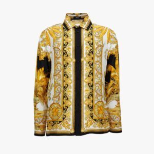 Informal Shirt In Barocco Palm Print Silk Fabric - Black-White-Gold