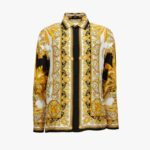 Informal Shirt In Barocco Palm Print Silk Fabric - Black-White-Gold