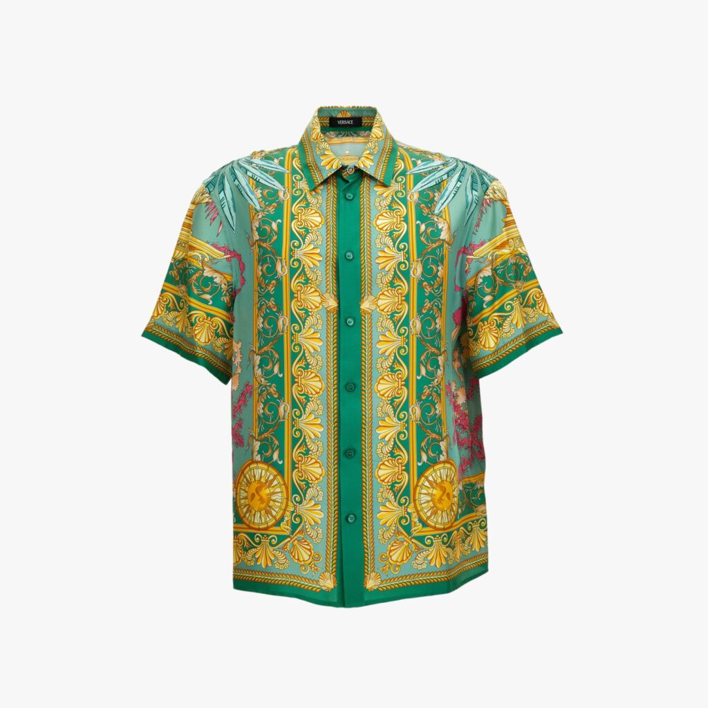Informal Shirt In Barocco Palm Print Silk Fabric - Multicolor-Gold