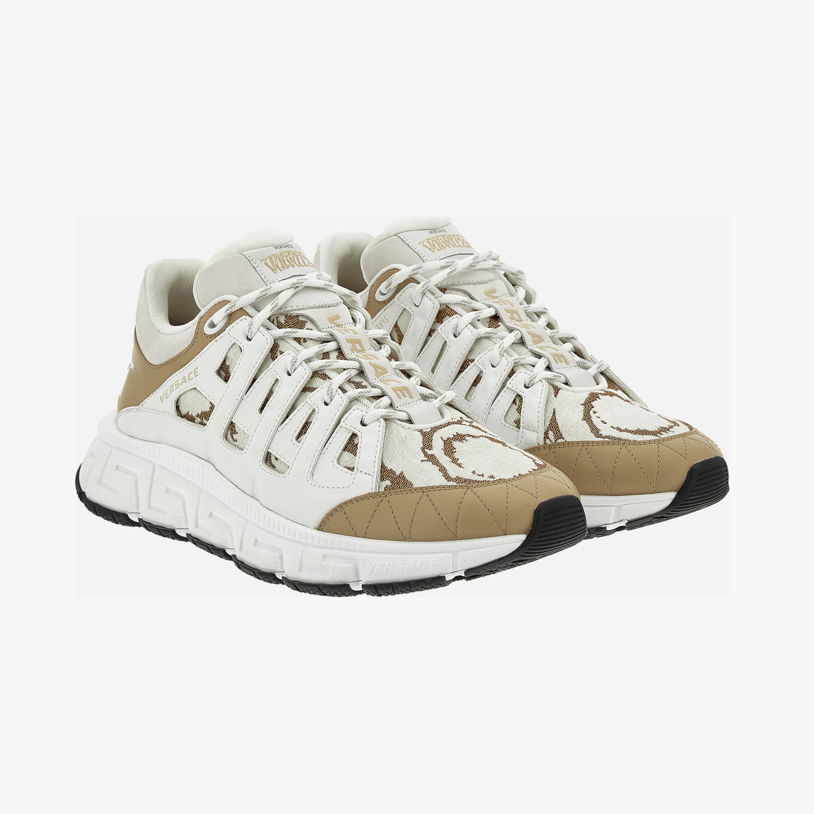 Sneaker In Calf Leather-Jacquard Barocco Fabric - White Sneaker In Calf Leather-Jacquard Barocco Fabric - White