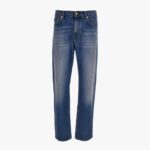 Pant Denim In Blue Stretch Denim Fabric Light Stone Wash -Medusa Embroidery - Light Blue-Tobacco