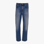 Pant Denim In Blue Stretch Denim Fabric Light Stone Wash -Medusa Embroidery - Light Blue-Tobacco