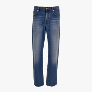 Pant Denim In Blue Stretch Denim Fabric Light Stone Wash -Medusa Embroidery - Light Blue-Tobacco