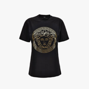 T-Shirt In Jersey Fabric With Medusa Lamina Print - Black-Gold