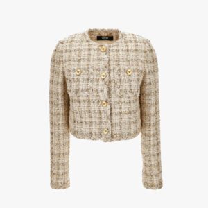 Informal Jacket In Cotton Mix Fancy Tweed - Biscuit-White