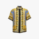 Informal Shirt In Barocco Palm Print Silk Fabric - Black-Stone Blue-Gold