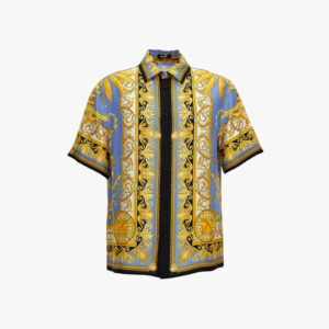 Informal Shirt In Barocco Palm Print Silk Fabric - Black-Stone Blue-Gold