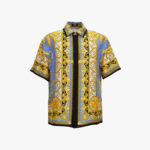 Informal Shirt In Barocco Palm Print Silk Fabric - Black-Stone Blue-Gold