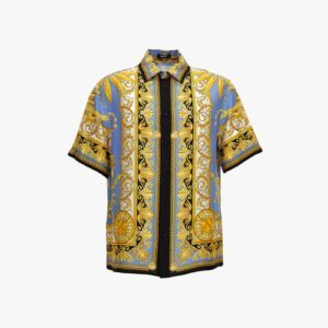 Informal Shirt In Barocco Palm Print Silk Fabric - Black-Stone Blue-Gold