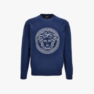 Knit Sweater In Unbrushed Fleece Fabric-Medusa Print-Versace - Blue
