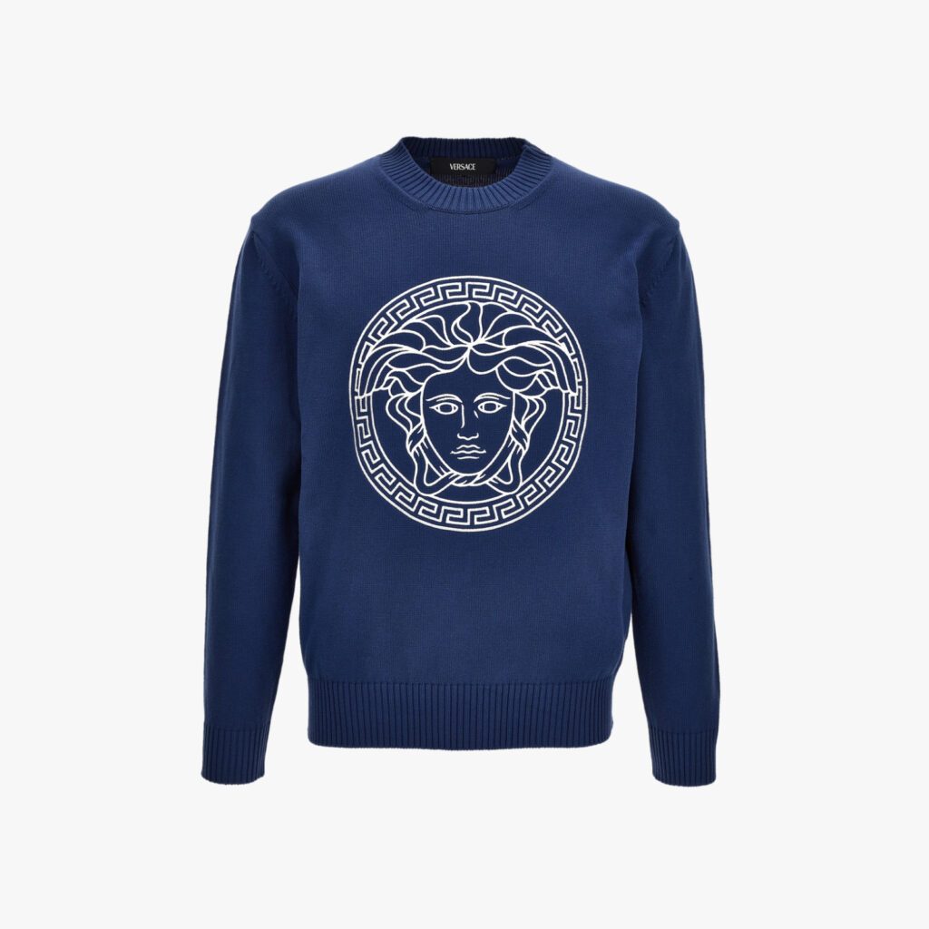 Knit Sweater In Unbrushed Fleece Fabric-Medusa Print-Versace - Blue