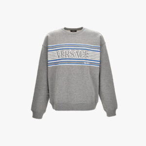 Sweatshirt In Non-Brushed Sweat Fabric-Stripe Versace Print - Grey-White-Ocean Blue