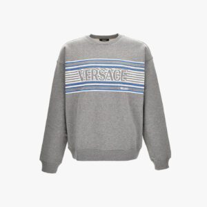 Sweatshirt In Non-Brushed Sweat Fabric-Stripe Versace Print - Grey-White-Ocean Blue