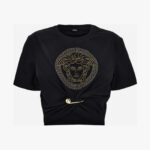 T-Shirt In Organic Stretch Cotton Jersey-Medusa Embroidery - Black-Gold