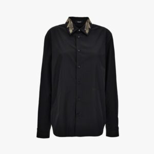 Informal Shirt In Poly Cotton Poplin Fabric-Leaf Embroidery Collar-Versace Emb. - Black