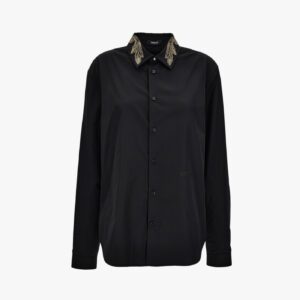 Informal Shirt In Poly Cotton Poplin Fabric-Leaf Embroidery Collar-Versace Emb. - Black