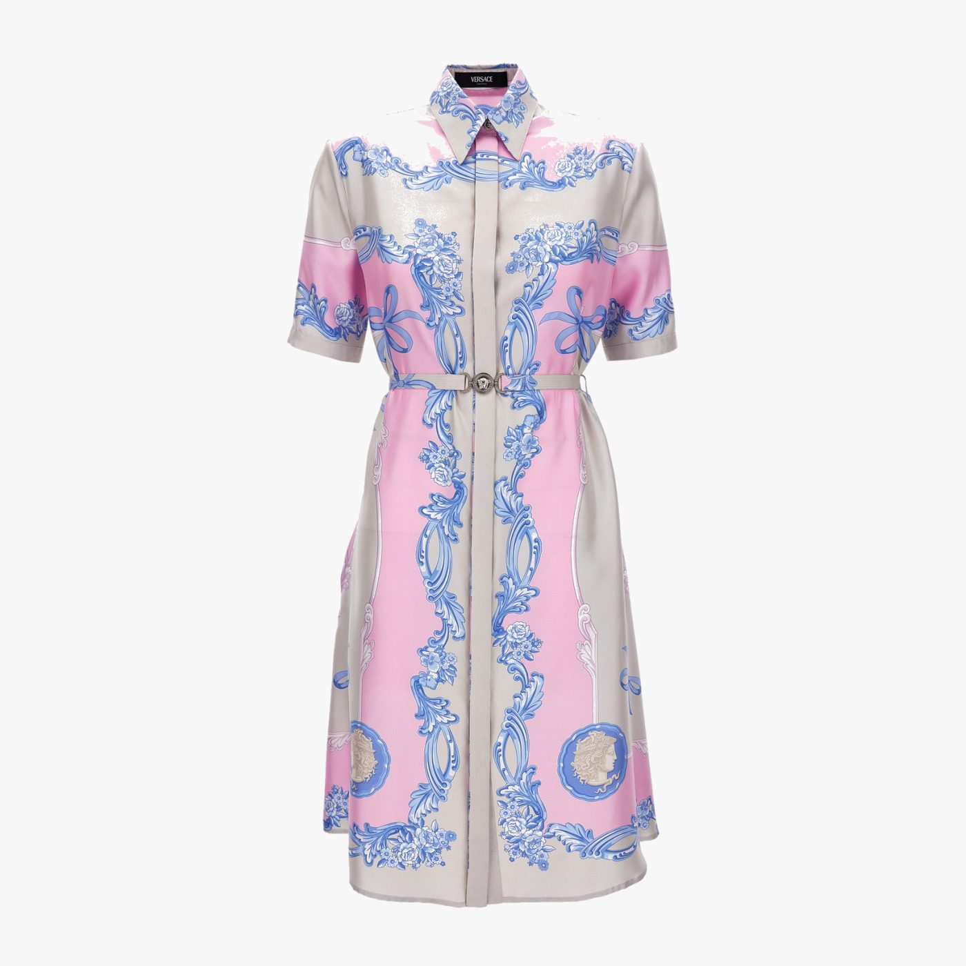 Dress In Medusa Cameo Foulard On Silk Twill - Pastel Pink-Light Grey Dress In Medusa Cameo Foulard On Silk Twill - Pastel Pink-Light Grey