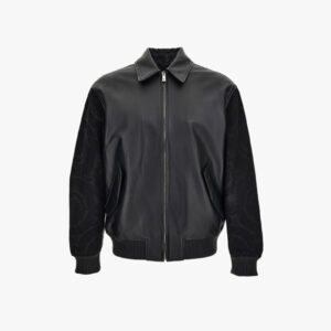 Blouson Leather In Combo Denim Jacquard Baroque-Leather - Black-Black