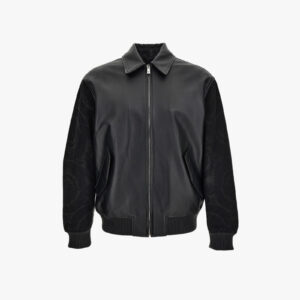 Blouson Leather In Combo Denim Jacquard Baroque-Leather - Black-Black