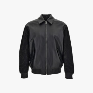 Blouson Leather In Combo Denim Jacquard Baroque-Leather - Black-Black