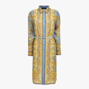 Dress In Twill Poly Barocco Palm Print - Sky Blue-Pale Yellow-Gold