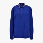 Informal Shirt In Poly Cotton Poplin Fabric-Leaf Embroidery Collar-Versace Emb. - Cobalt