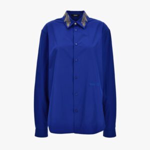 Informal Shirt In Poly Cotton Poplin Fabric-Leaf Embroidery Collar-Versace Emb. - Cobalt