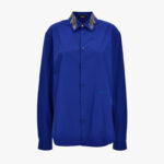Informal Shirt In Poly Cotton Poplin Fabric-Leaf Embroidery Collar-Versace Emb. - Cobalt